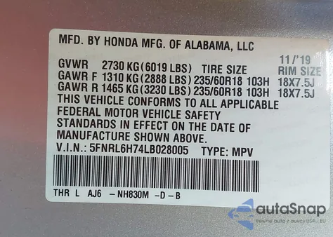 2020 Honda Odyssey Ex-L/Ex-L W/Navi Res from USA, damaged, VIN 5FNRL6H74LB028005